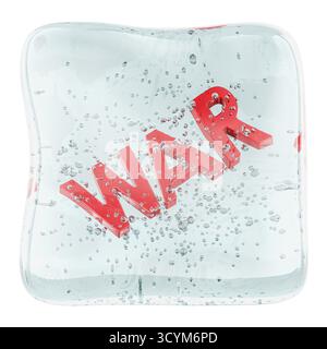 Krieg gefroren in transparentem Eiswürfel. 3D-Rendering isoliert auf weißem Hintergrund Stockfoto