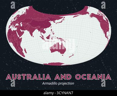 Australien und Ozeanien. Weltkarte. Die Armadillo-Projektion konzentrierte sich auf Australien und Ozeanien. Palette Pale Mint Dark Pink. Vintage-Textur. Stock Vektor