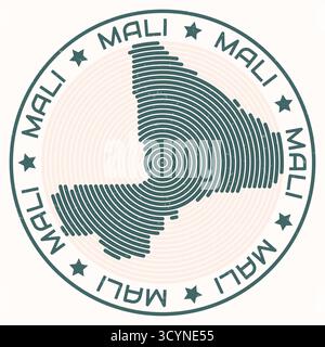Mali-Karte mit rundem Titel. Die Form des Landes wird durch konzentrische Ringe dargestellt. Das Wort "MALI" wird um die Landesgrenze herum wiederholt. Stock Vektor