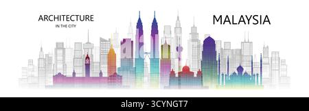 Moderne Architektur Stadtbild Wolkenkratzer Malaysia von asien bunte Kunst. Reisen Sie durch malaysische Architektur Wahrzeichen in Kuala Lumpur berühmte Stadt Asien weiter Stock Vektor