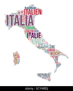 Länderspezifische Wortwolke in Italien. Typografie-Stil Länderdarstellung. Bild Italien im Textwolken-Stil. Vektorabbildung. Stock Vektor