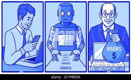 Eine konzeptionelle Cartoon-Illustration zeigt, wie persönliche Daten fließen, eine Person auf ihrem Telefon, ein riesiger Computer, der die Informationen verarbeitet, und Geschäftsleute Stockfoto