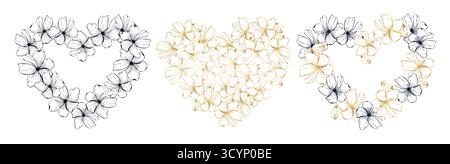 Herzen Rahmen Set mit Linie Art Mohnblume, Hand gezeichnete Vektor-Illustration. Stock Vektor