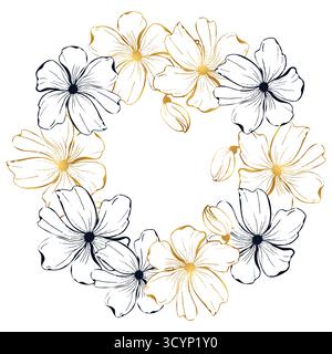 Eine schwarz-weiß-goldene Zeichnung eines Blumenkranzes mit weißem Hintergrund. Die Blüten sind stilistisch gezeichnet, mit jedem Blütenblatt und Stiel Stock Vektor