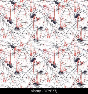 Spinnen auf Spinnennetz mit Blutspritzern und Flecken nahtlosem Muster. Aquarellgemalte Illustration gruselige Spinnennetz für Halloween Party Stoff Stockfoto