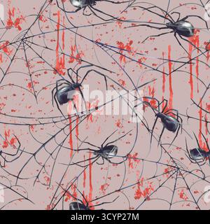 Realistische Aquarellspinnen auf Spinnennetz mit Blutspritzern und nahtlosen roten Flecken. Handgezeichnete Illustration gruseliges Spinnennetz für Halloween Stockfoto