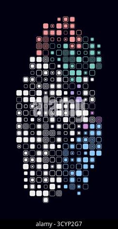 Katar, die Form des Landes, gebaut aus farbigen Zellen. Digitale Karte von Katar auf dunklem Hintergrund. Große abgerundete quadratische Blöcke. Stock Vektor