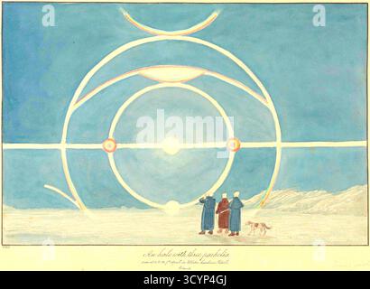 Charles Hamilton Smith - Halo mit drei Parhelien, Winter Harbour Melville Island - das Gemälde zeigt ein seltenes atmosphärisches optisches Phänomen, bekannt als Halo mit drei parhelia, oder „Sonnenhunde“. Der Künstler Charles Hamilton Smith (1776–1859) war ein englischer Künstler, Naturforscher und Soldat (Ende der 1830er Jahre) Stockfoto