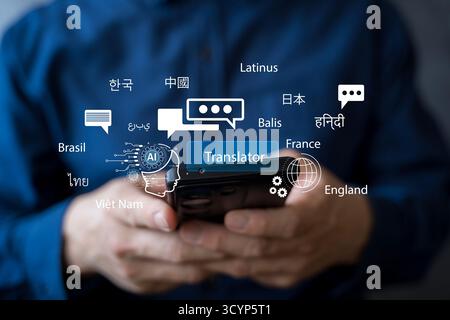 Ein Mann, der ein Smartphone mit KI-Übersetzungstechnologien verwendet und Symbole für mehrsprachige Kommunikation, globale Konnektivität, Spracherwerb und Künstlichkeit darstellt Stockfoto