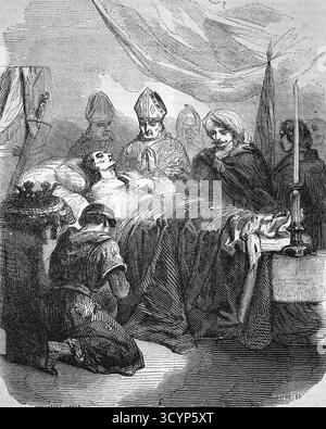 Ludwig IX. Von Frankreich (1214–1270) befand sich während des achten Kreuzzugs auf seinem Sterbebett in Tunis. Stich, 19. Jahrhundert. Stockfoto