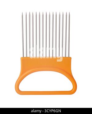 Orangefarbener Kunststoff-Zwiebel- und Gemüsegabelhalter isoliert auf weiß Stockfoto