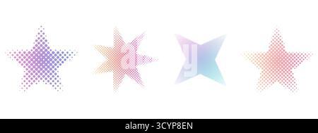 Rastersterne setzen gepunktete y2k-Dekoration. Farbverlauf, Retro-Pixel, Korneffekt. Gepunktete Herzen im Pop-Art-Stil, isoliert auf weiß. Vektorabbildung Stock Vektor