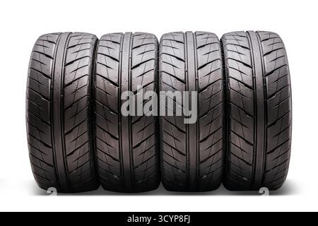 Sport Richtungswechsel schöne Reifen 4-teiliges Set, Vorderansicht der Isolate auf weißem Hintergrund. Stockfoto