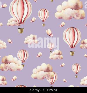 Luftballons mit Korb, Schmetterlingen und Sommerluftwolken nahtloses Muster. Aquarell Hand gezeichnetes Kinderzimmer Clipart isoliert auf Hintergrund. Niedlich Stockfoto