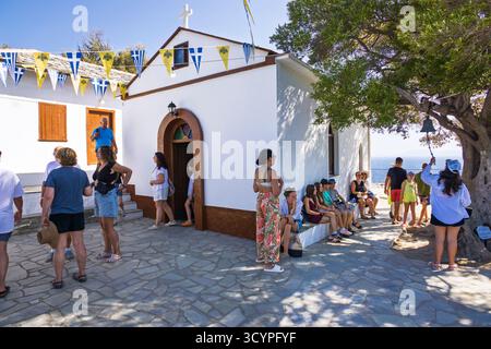 Agios Loannis Kapelle auf Skopelos, eine beliebte Touristenattraktion, die durch den Mamma Mia Film berühmt wurde. Skopelos ist eine griechische Insel in der westlichen Ägäis Stockfoto
