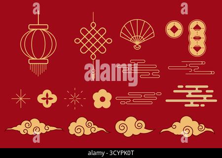 Asiatische goldene Element Kollektion dekorativer Rahmen, Ecken, Borten, Blumen , Wolken, hängende Laterne und Knoten im chinesischen Stil. Vektorabbildung Stock Vektor