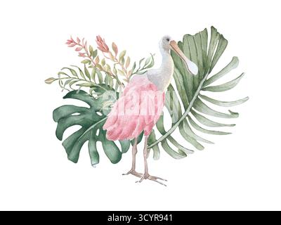 Tropisches Aquarell Vogel und Laub Illustration isoliert. Handgemalter rosafarbener Löffelschnabel in Monstera- und Areca-Palmen in sanften Pastelltönen. Empfindlich Stockfoto