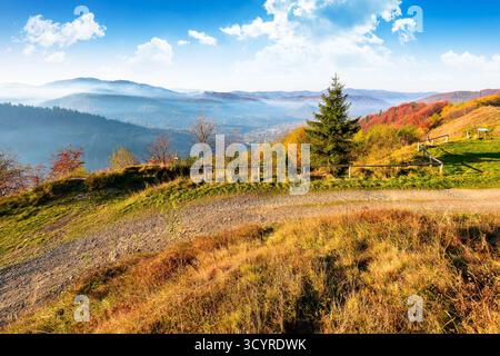 Blick von einem Berg ins nebelige Tal. Wunderschöne Herbstlandschaft. Bewaldete Hügel in Herbstfarben. Sonniger Morgen. Uzhanisches Nationalparkviertel Stockfoto