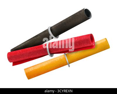 3 Verlosungskarten aus schwarzem Rotgold, isoliert auf weißem Hintergrund Stockfoto