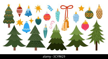 Set von Weihnachtsbäumen mit verschiedenen Dekorationen Stock Vektor
