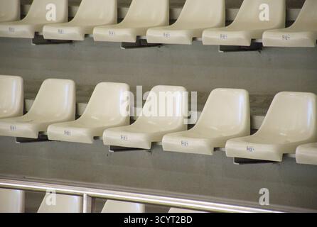 Leere weiße Kunststoffsitze, die in perfekten Reihen in einer modernen Sportarena oder einem Stadion angeordnet sind. Sauberer und minimaler Hintergrund. Sportveranstaltungen, Wettkämpfe Stockfoto