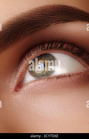 Makronaht des menschlichen Auges mit detaillierter Irisstruktur. Vision, Klarheit, Fokus und Schönheit der menschlichen Wahrnehmung. Perfekt für medizinische Zwecke Stockfoto