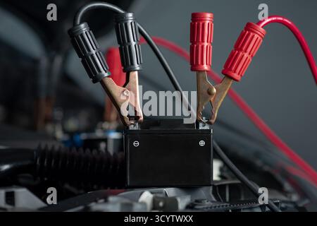 Autobatterie mit rotem und schwarzem Batterie-Überbrückungskabel. Stockfoto