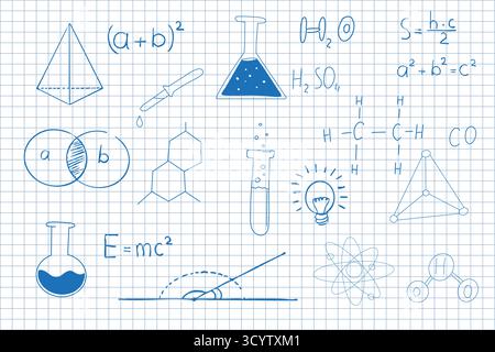 Formeln für Wissenschaftssymbole auf dem Hintergrund der Notizbuchseite. Skizzensymbole mathematische Gleichungen, Schemata Geometrieformen. . Vektorabbildung Stock Vektor