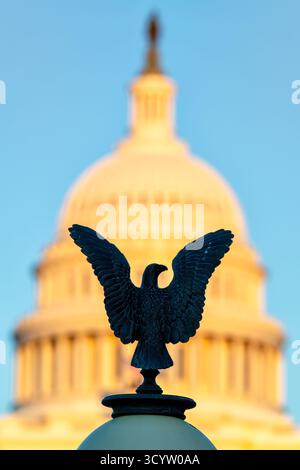 Ulysses S Grant Memorial Eagle Light Topper Capitol Hill Washington DC / WASHINGTON DC — Ein bronzener Adler aus dem Ulysses S. Grant Memorial ist an der Kuppel des United States Capitol Building befestigt. Die Lampenpfosten, die jeweils aus 16 separaten Gussteilen und dem Adler-Pinial gebaut wurden, sind dem ursprünglichen Entwurf des Architekten Edward Pearce Casey aus dem Jahr 1922 nachempfunden und wurden 2019 als Teil der umfassenden Restaurierung des Gedenkwerks wieder eingebaut. Die Gedenkstätte wurde am 27. April 1922 geweiht und ehrt Ulysses S. Grant, den Befehlshaber der Union Army während des Bürgerkriegs und den 18. US-Präsidenten Stockfoto