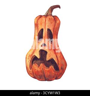 Orangefarbener Kürbis mit einem verängstigten Gesicht für Halloween. Gestreckter Vogelscheuchenkopf, Herbstgemüse. Isolierte Vintage Aquarellillustration auf weißem Hintergrund Stockfoto