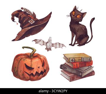 Halloween Set - Kürbis, Hut, Hexe, schwarze Katze, Bücher, bat. Vintage Aquarellillustration isoliert auf weißem Hintergrund. Dekoration für herbstholi Stockfoto
