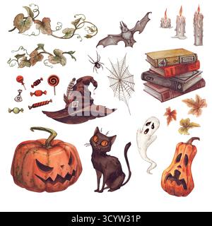 Halloween-Illustration - Kürbis, schwarze Katze, Hexenhut, Geist, Süßigkeiten, Blätter, Kerze, Fledermaus, Buch, Spinne. Vintage Aquarellillustration auf einer weißen Ba Stockfoto