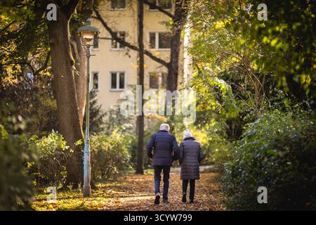 Berlin, Deutschland. Oktober 2025. Ein älterer Mann und eine Frau machen einen Spaziergang durch einen Park in der Morgensonne, fotografiert in Berlin, 20. Oktober 2025. Quelle: dpa/Alamy Live News Stockfoto