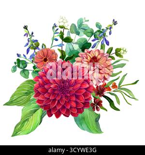 Blumenkomposition mit Dahlienblüten, Zinnia und blauer Hosta Pflanze, Bouquet isoliert. Handgezeichnete botanische Aquarellillustration mit grünen Blättern. Stockfoto