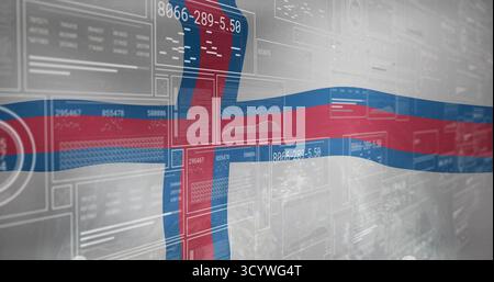 Anzeige der Flagge der Färöer-Inseln, die sich über der virtuellen Benutzeroberfläche bewegt, mit durchscheinenden Bedienfeldern und Anzeigen Stockfoto