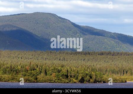 Boreale Wälder und Berghänge entlang des Ufers des Rope Lake in der Nähe des North West River. Stockfoto