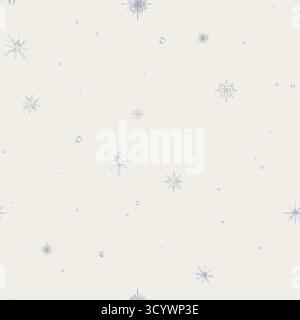 Nahtloses Muster mit Schnee und Schneeflocken in verschiedenen Formen und Formen. Weihnachten und Neujahr Hintergrund. Aquarell handgezeichnet Illustration auf Stockfoto