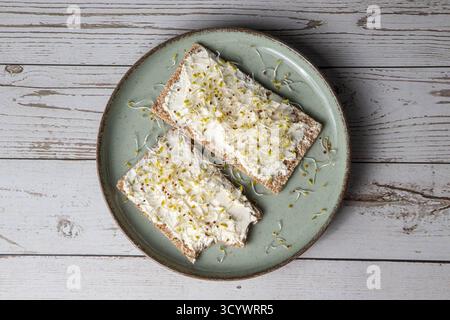 Gesundes Frühstück oder Snack mit Vollkorntoast, mit Frischkäse und Brokkoli-Sprossen, auf einem Teller, auf einem Holztisch Stockfoto