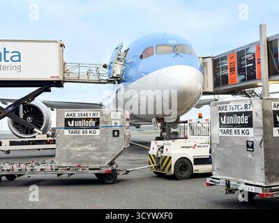 Ein kommerzielles Tui-Flugzeug am Flughafen, das mit Fracht mit spezieller Ausrüstung und Servicefahrzeugen beladen wird. Stockfoto