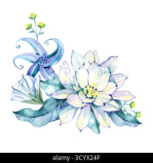 Blau weiß gelbe Blüten Zusammensetzung. Königliche Lilie, Zweige mit Blumen und Blättern. Blumen auf weißem Hintergrund. Stockfoto