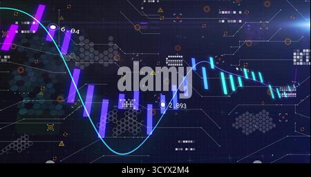 Datendiagramm, das auf dunkler Analyseschnittstelle angezeigt wird, mit zyanblauer Sinuskurve und violett-türkisfarbenen Balken. Technologie, Visualisierung, digital, Futurismus, ui, i Stockfoto