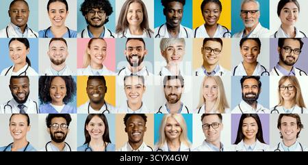 Vielfältige Gruppe von Gesundheitsexperten, die in einer farbenfrohen Collage lächeln Stockfoto