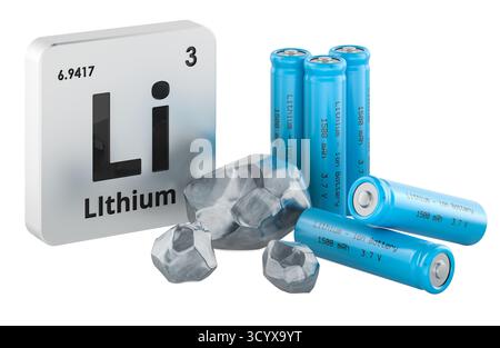 Periodenzeichen für Lithiumelement mit metallischen Erzstücken und blauen Lithium-Ionen-Batterien. 3D-Rendering isoliert auf weißem Hintergrund Stockfoto