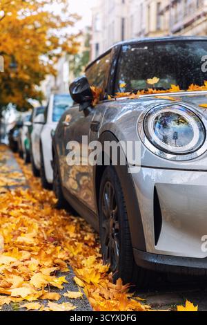 Moody, malerischer Blick auf die Frontscheinwerfer modernes graues Auto Windschutzscheibe bedeckt goldene gelbe gefallene Blätter geparkt nasse Stadt Straße Herbst regnerischer Tag. Bewölkt Stockfoto