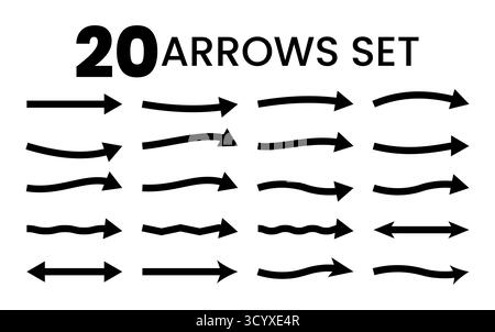 Sammlung von 20 Vektorpfeilen in verschiedenen Stilen. Richtungspfeilsymbole für Navigations-, Infografik-, Web- oder Grafikdesign-Projekte. Bearbeitbare V Stock Vektor