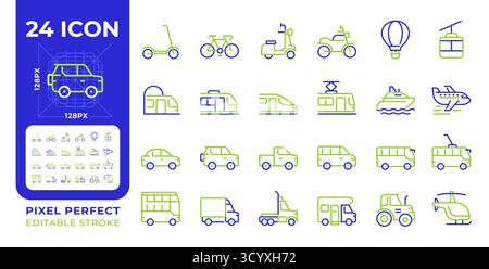 Vehicles Pixel Perfect 2-farbige Linien-Symbole gesetzt Stock Vektor