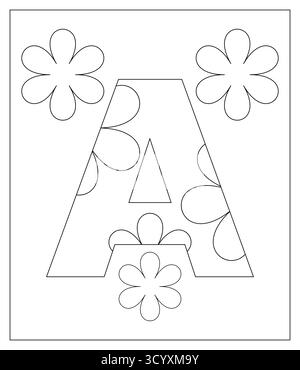 Lustiger Brief Eine Ausmalseite mit niedlichen Blumenmotiven. Perfekt für das Alphabetlernen von Kindern, Arbeitsblätter im Vorschulalter und Lehrbücher zum Ausmalen. Stock Vektor