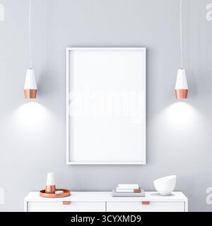 Weißer Poster, der an der Wand im Zimmer hängt. 3D-Rendering Stockfoto