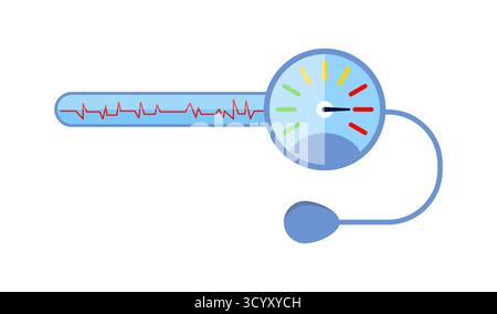 Das Blutdruck-Messgerät zeigt einen Messwert mit einem Manometer und einer Vektorgrafik der Pulsanzeige an Stock Vektor