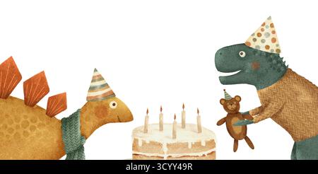Diese bezaubernde Illustration zeigt zwei entzückende Dinosaurier, die einen Geburtstag feiern, umgeben von einem bunten Kuchen und festlichen Hüten, perfekt für Kinderveranstaltungen und fröhliche Partyeinladungen Stockfoto